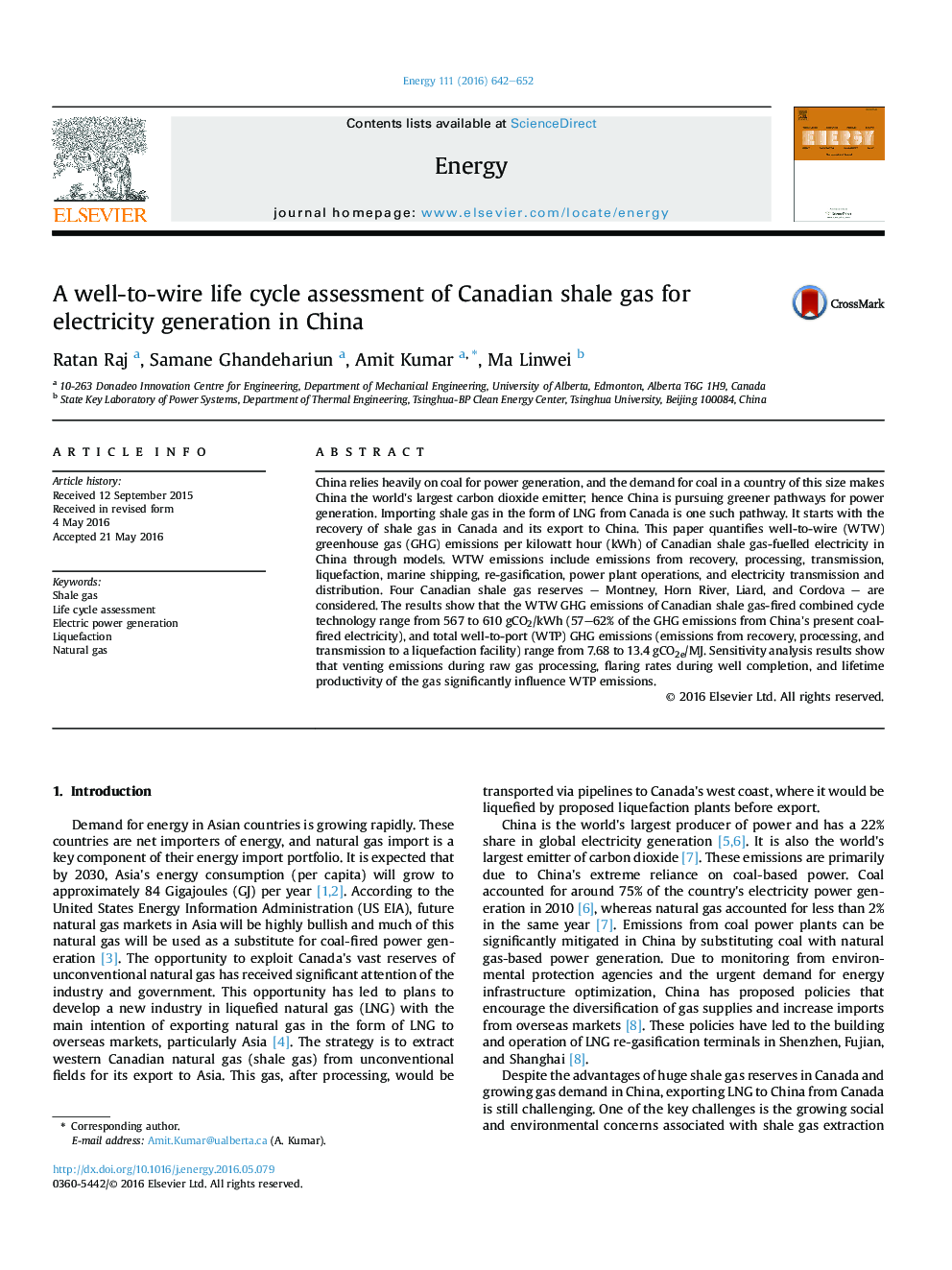 یک بررسی چرخه عمر مفید گاز شیل کانادا برای تولید برق در چین 