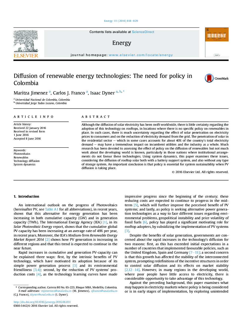 Diffusion of renewable energy technologies: The need for policy in Colombia