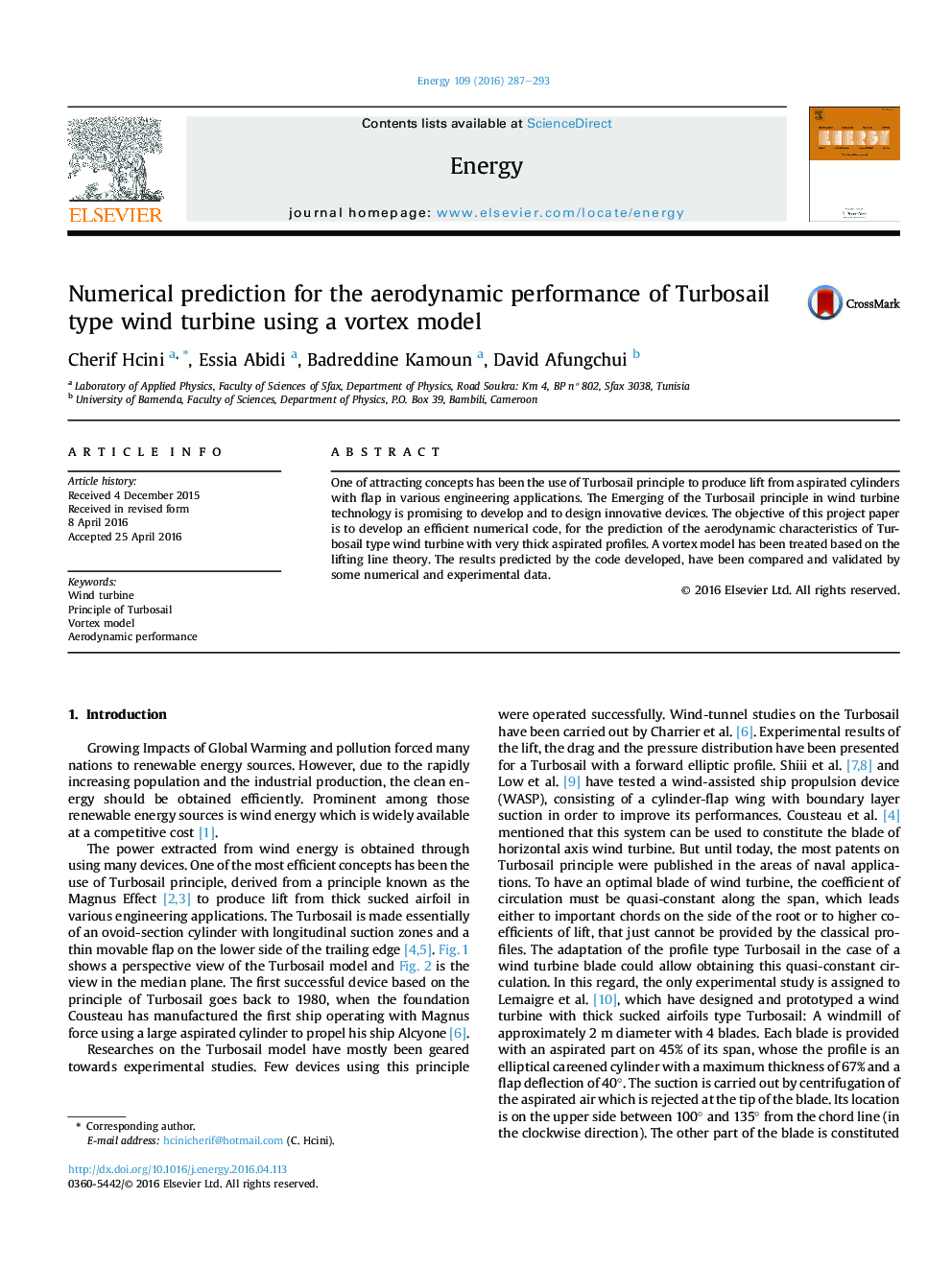 Numerical prediction for the aerodynamic performance of Turbosail type wind turbine using a vortex model