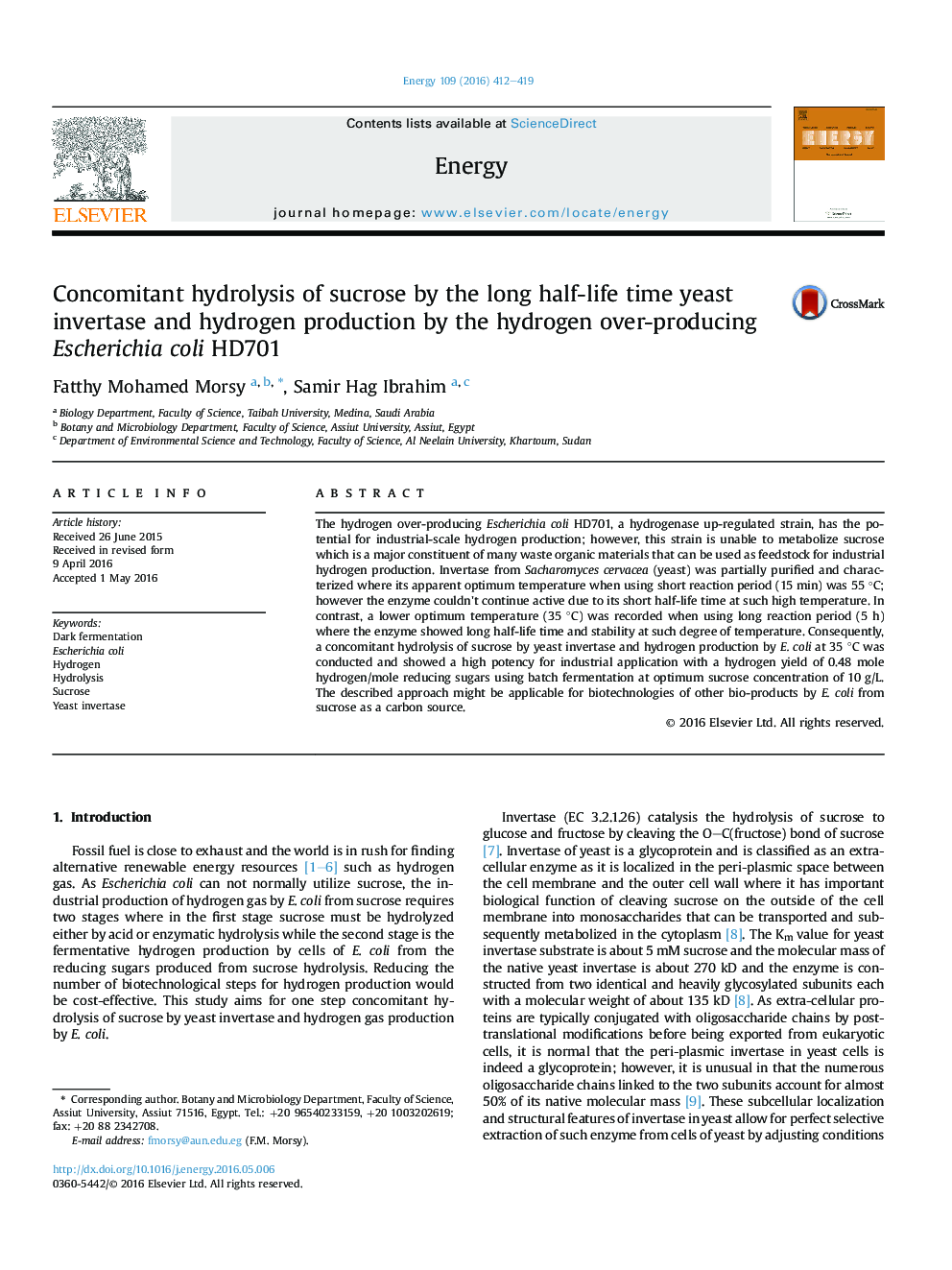 Concomitant hydrolysis of sucrose by the long half-life time yeast invertase and hydrogen production by the hydrogen over-producing Escherichia coli HD701