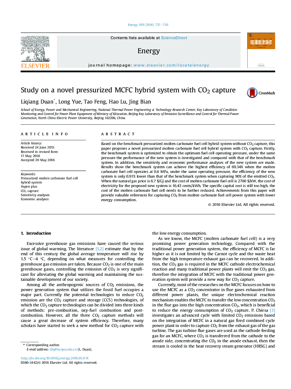 Study on a novel pressurized MCFC hybrid system with CO2 capture