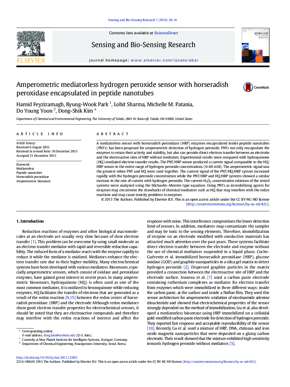 Amperometric mediatorless hydrogen peroxide sensor with horseradish peroxidase encapsulated in peptide nanotubes