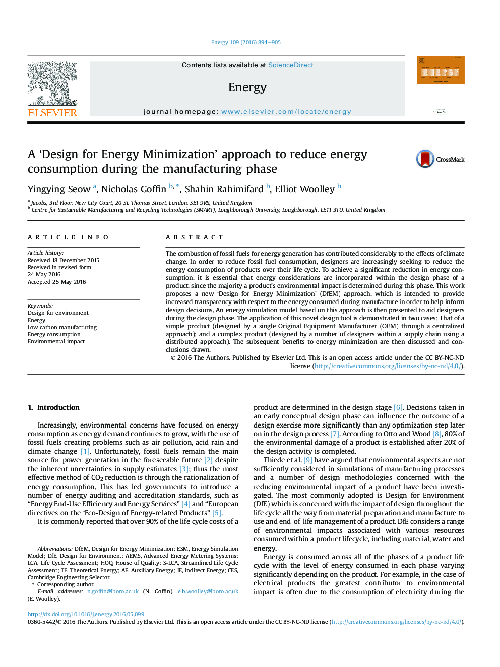 A 'Design for Energy Minimization' approach to reduce energy consumption during the manufacturing phase