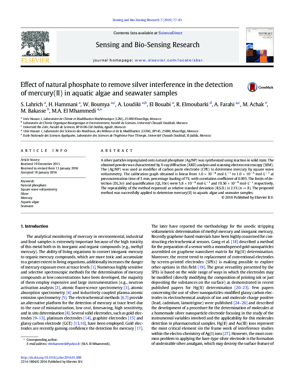 Effect of natural phosphate to remove silver interference in the detection of mercury(II) in aquatic algae and seawater samples