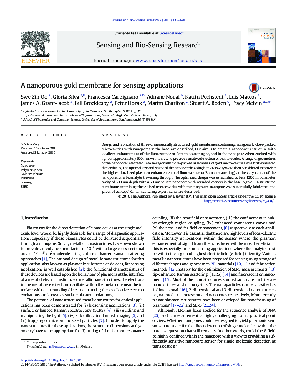 A nanoporous gold membrane for sensing applications