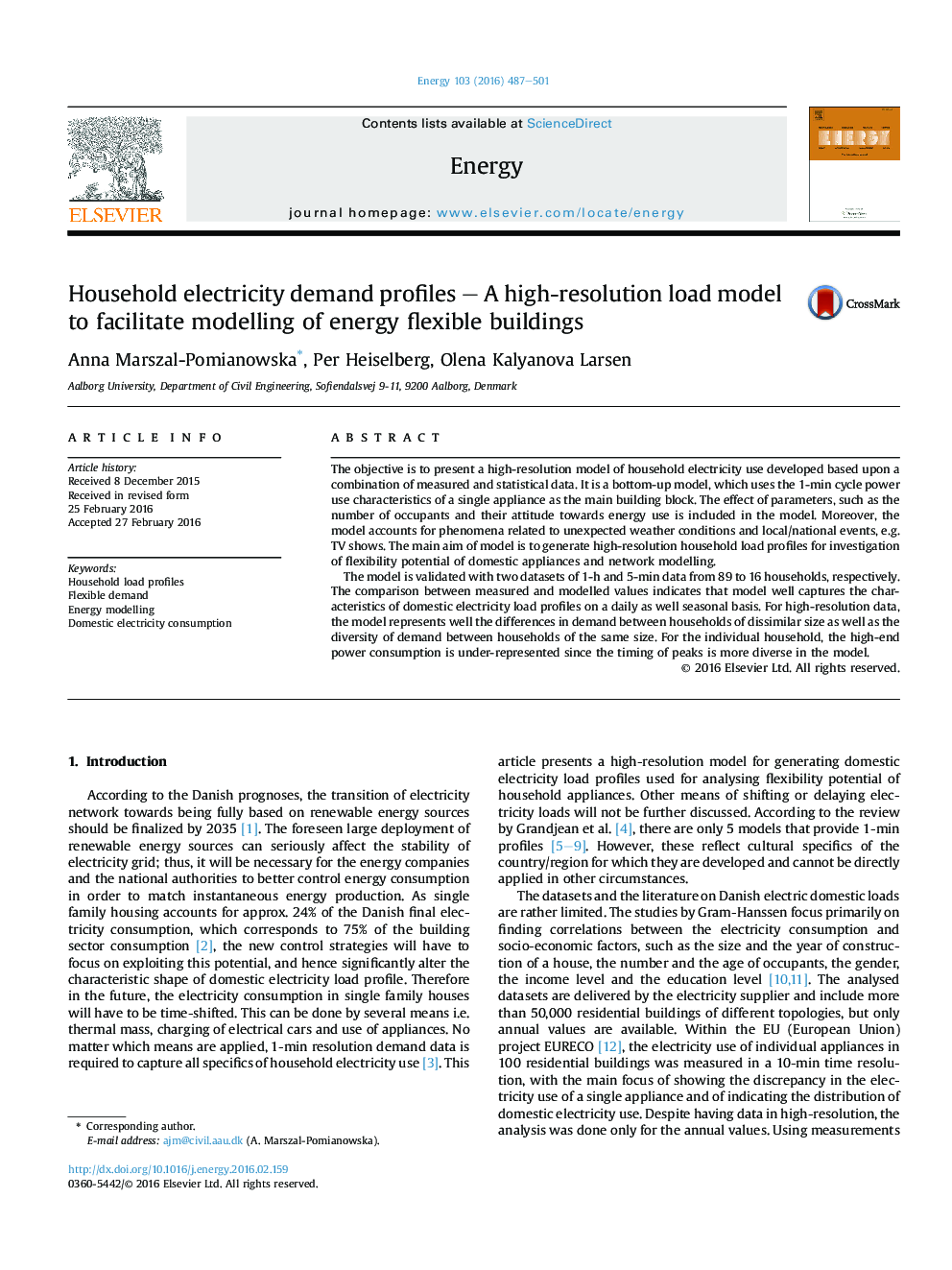 Household electricity demand profiles - A high-resolution load model to facilitate modelling of energy flexible buildings