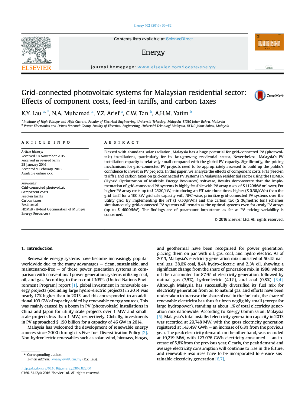 Grid-connected photovoltaic systems for Malaysian residential sector: Effects of component costs, feed-in tariffs, and carbon taxes