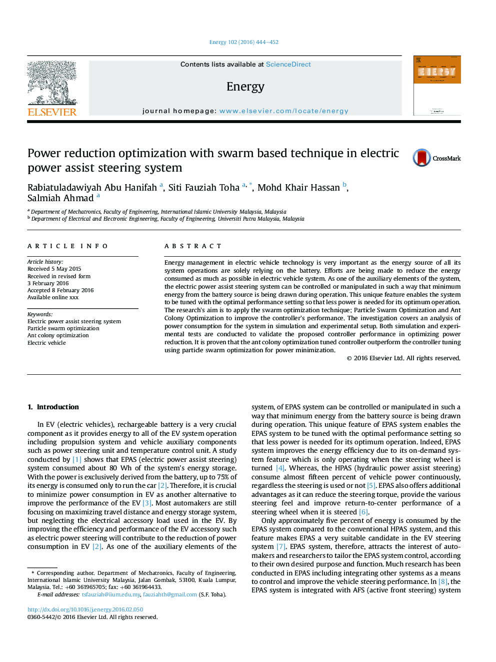 Power reduction optimization with swarm based technique in electric power assist steering system
