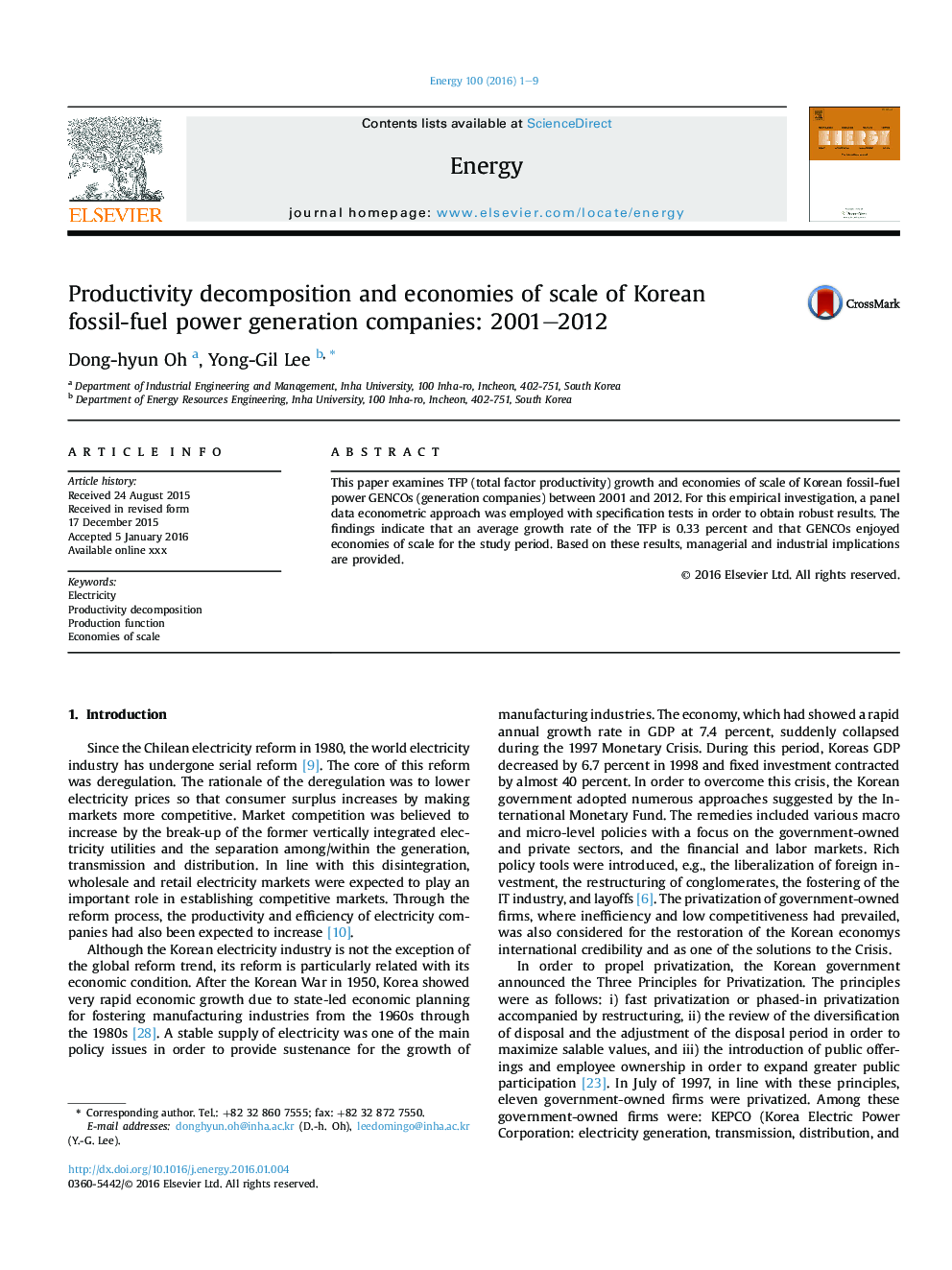 Productivity decomposition and economies of scale of Korean fossil-fuel power generation companies: 2001-2012