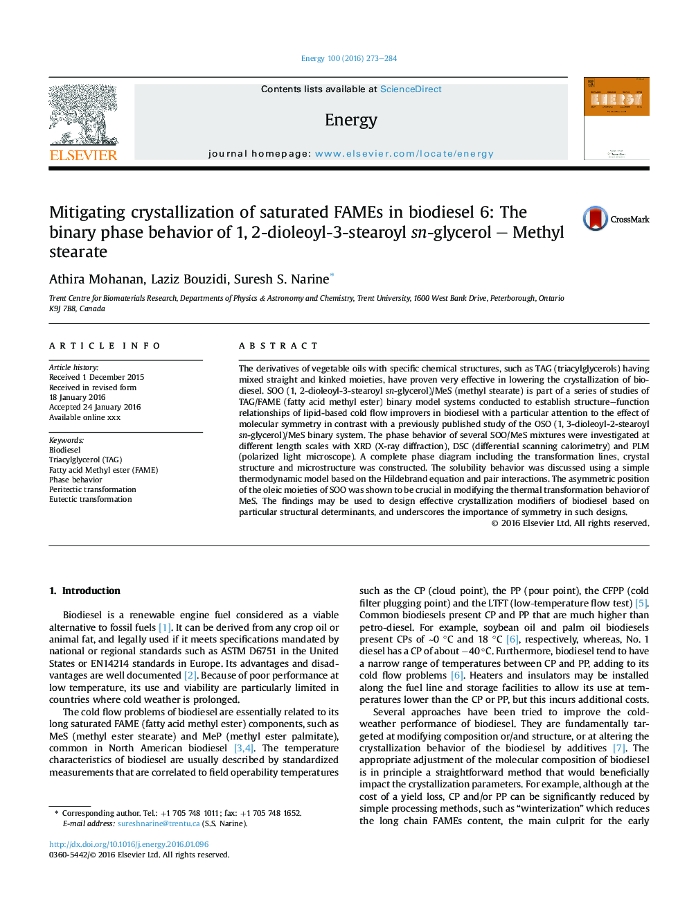 Mitigating crystallization of saturated FAMEs in biodiesel 6: The binary phase behavior of 1, 2-dioleoyl-3-stearoyl sn-glycerol - Methyl stearate