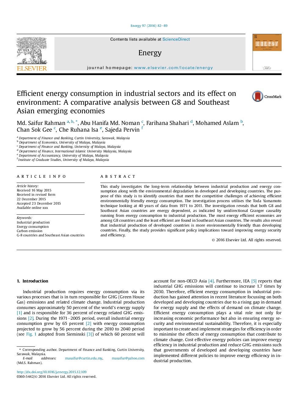 Efficient energy consumption in industrial sectors and its effect on environment: A comparative analysis between G8 and Southeast Asian emerging economies