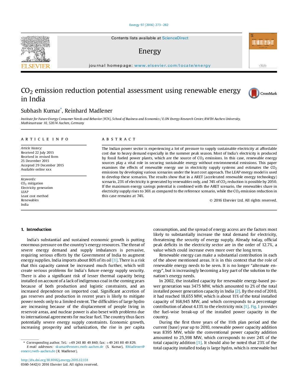 CO2 emission reduction potential assessment using renewable energy in India