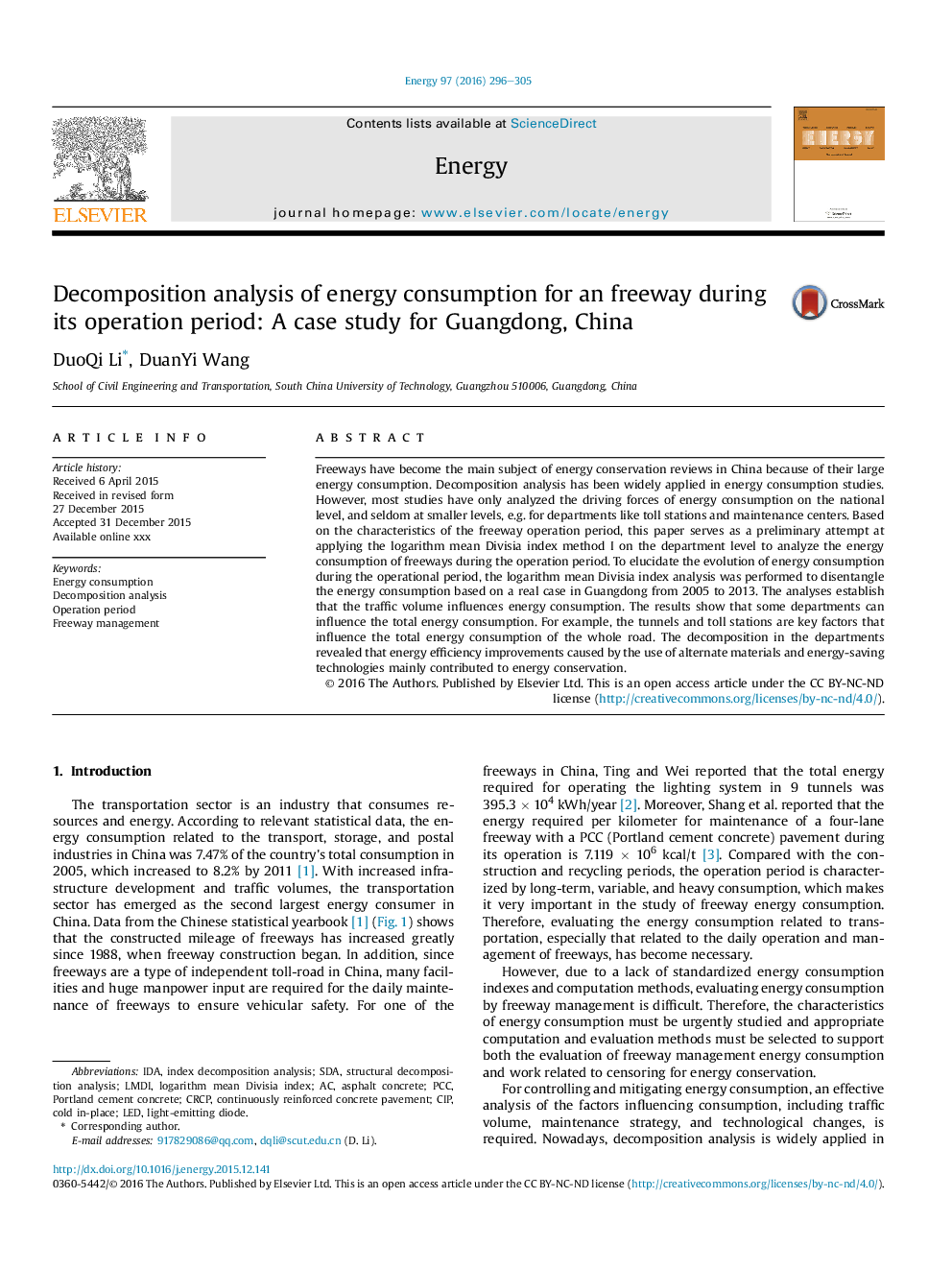 Decomposition analysis of energy consumption for an freeway during its operation period: A case study for Guangdong, China