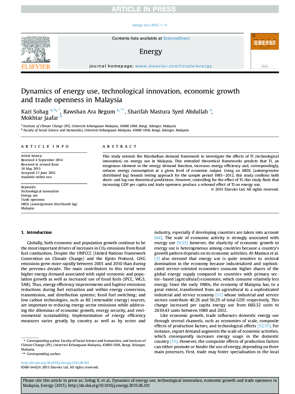 Dynamics of energy use, technological innovation, economic growth and trade openness in Malaysia