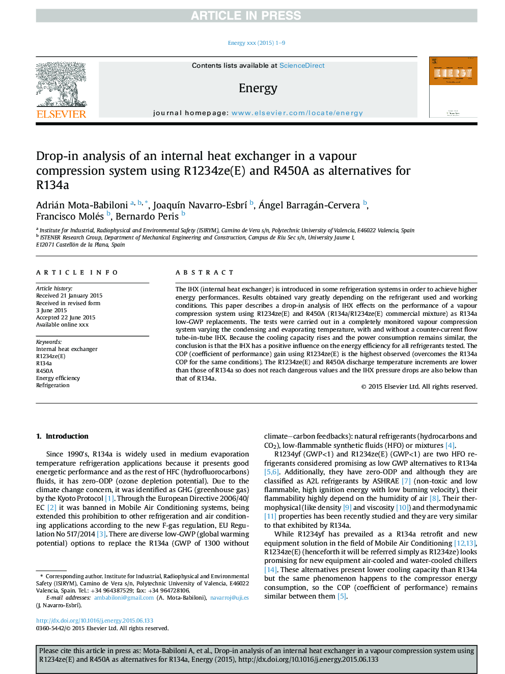 Drop-in analysis of an internal heat exchanger in a vapour compression system using R1234ze(E) and R450A as alternatives for R134a