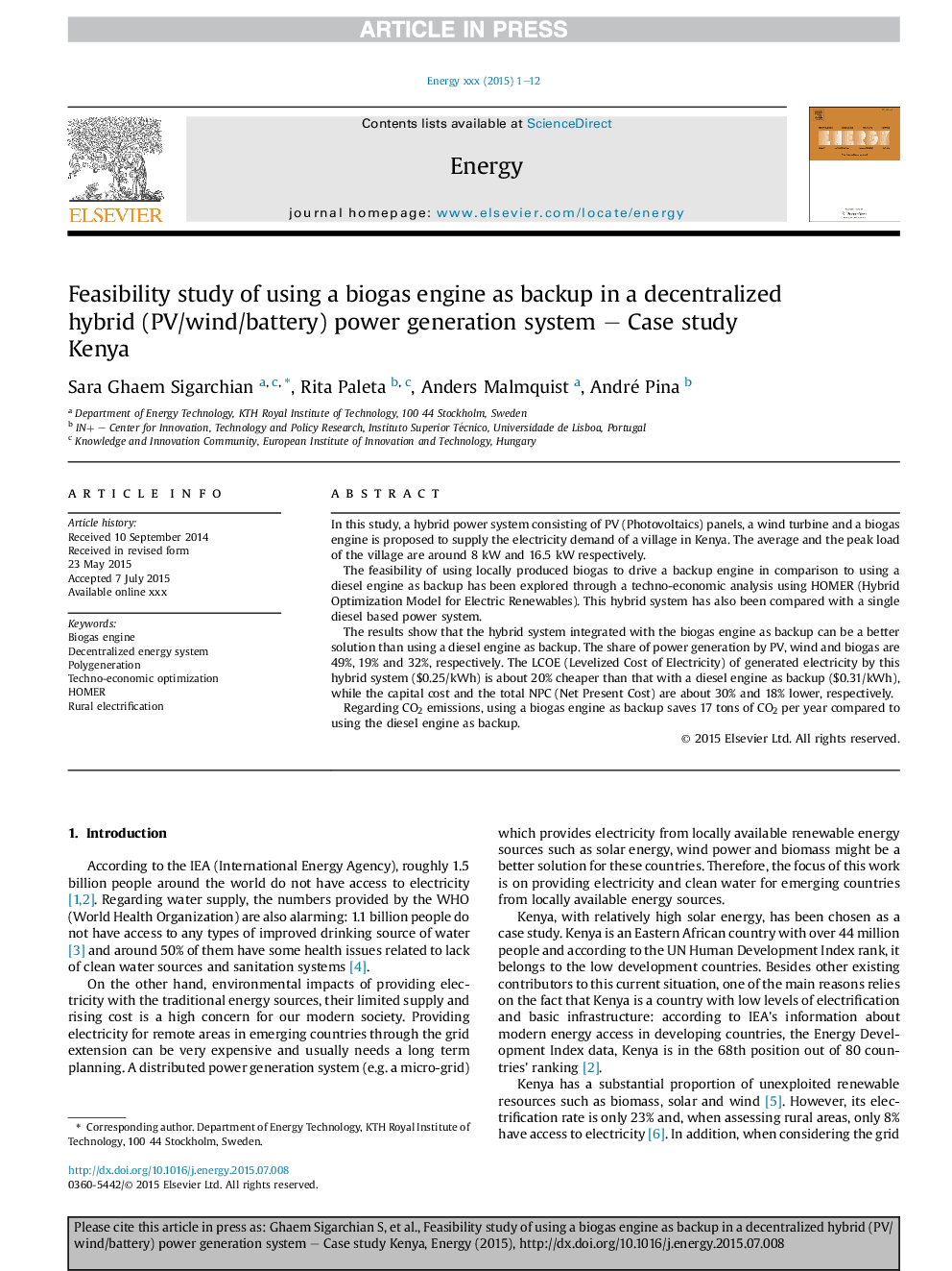 Feasibility study of using a biogas engine as backup in a decentralized hybrid (PV/wind/battery) power generation system - Case study Kenya