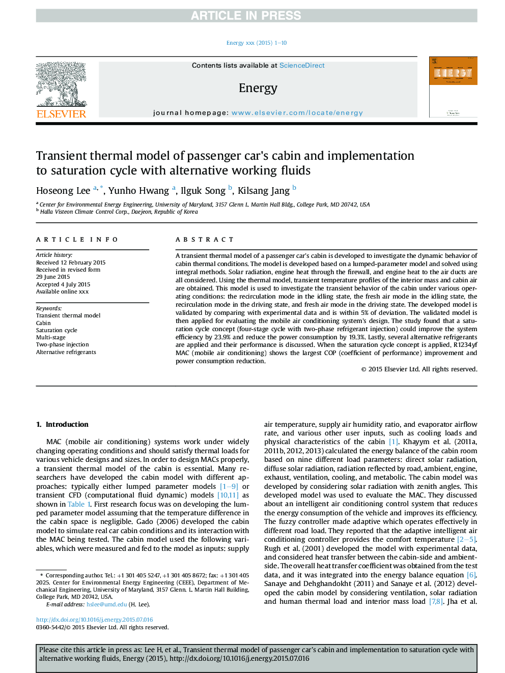 Transient thermal model of passenger car's cabin and implementation to saturation cycle with alternative working fluids