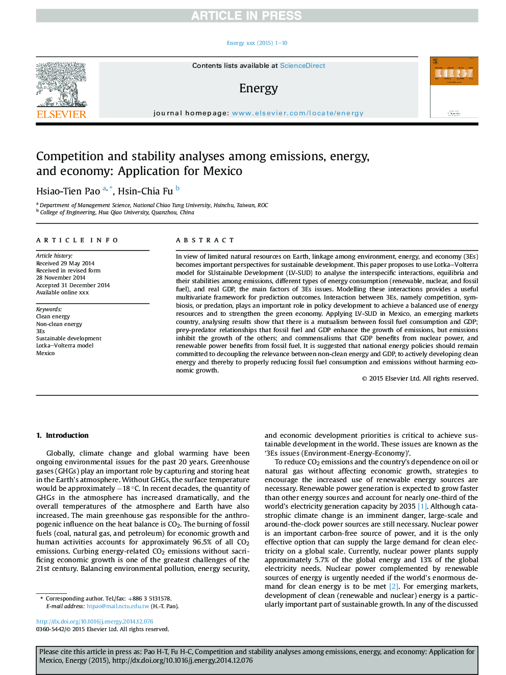 Competition and stability analyses among emissions, energy, andÂ economy: Application for Mexico