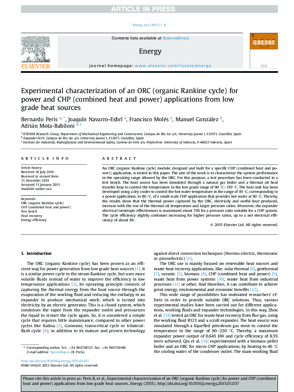 Experimental characterization of an ORC (organic Rankine cycle) for power and CHP (combined heat and power) applications from low grade heat sources