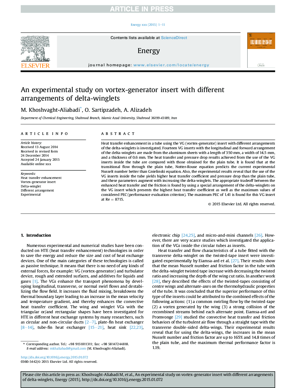 An experimental study on vortex-generator insert with different arrangements of delta-winglets