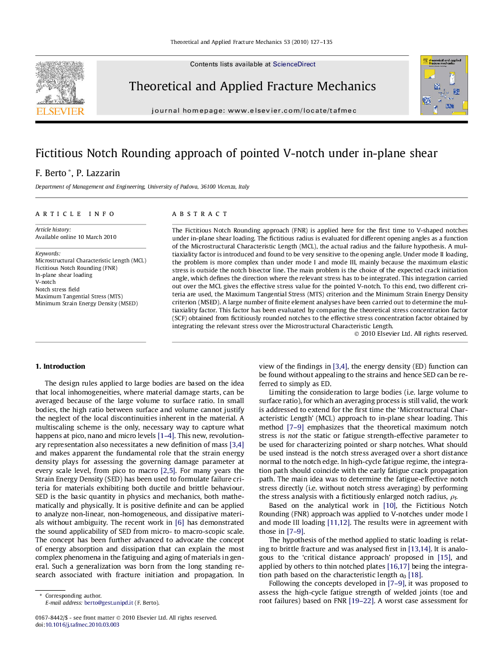 Fictitious Notch Rounding approach of pointed V-notch under in-plane shear