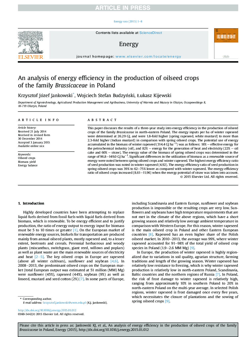 An analysis of energy efficiency in the production of oilseed crops of the family Brassicaceae in Poland