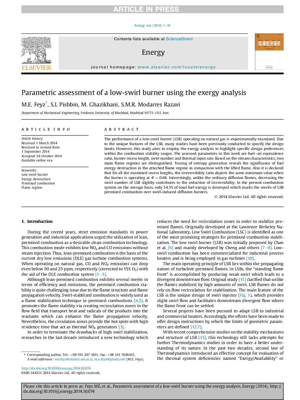 Parametric assessment of a low-swirl burner using the exergy analysis