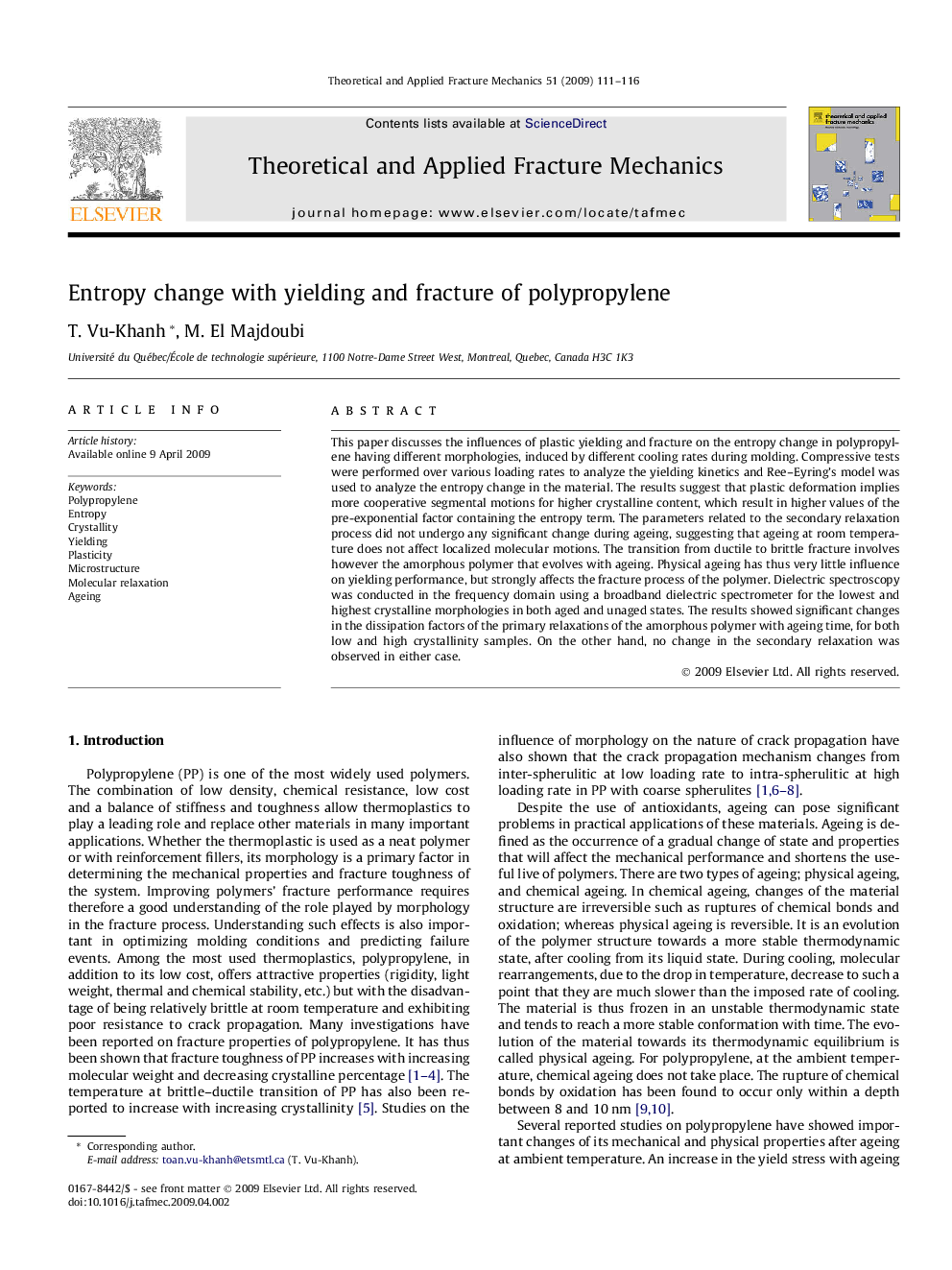 Entropy change with yielding and fracture of polypropylene