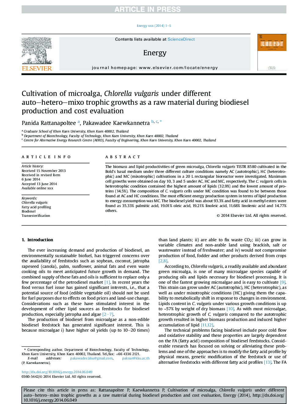 Cultivation of microalga, Chlorella vulgaris under different auto-hetero-mixo trophic growths as a raw material during biodiesel production and cost evaluation