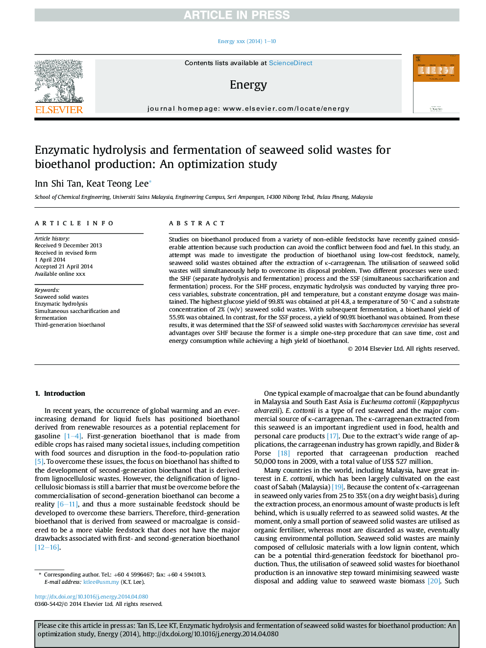 Enzymatic hydrolysis and fermentation of seaweed solid wastes for bioethanol production: An optimization study