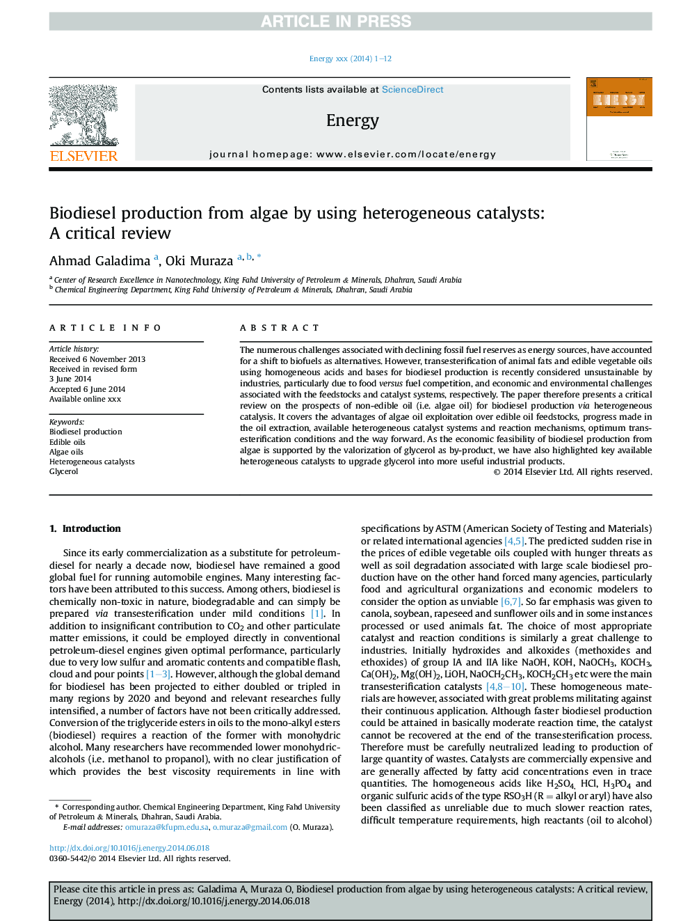 Biodiesel production from algae by using heterogeneous catalysts: AÂ critical review