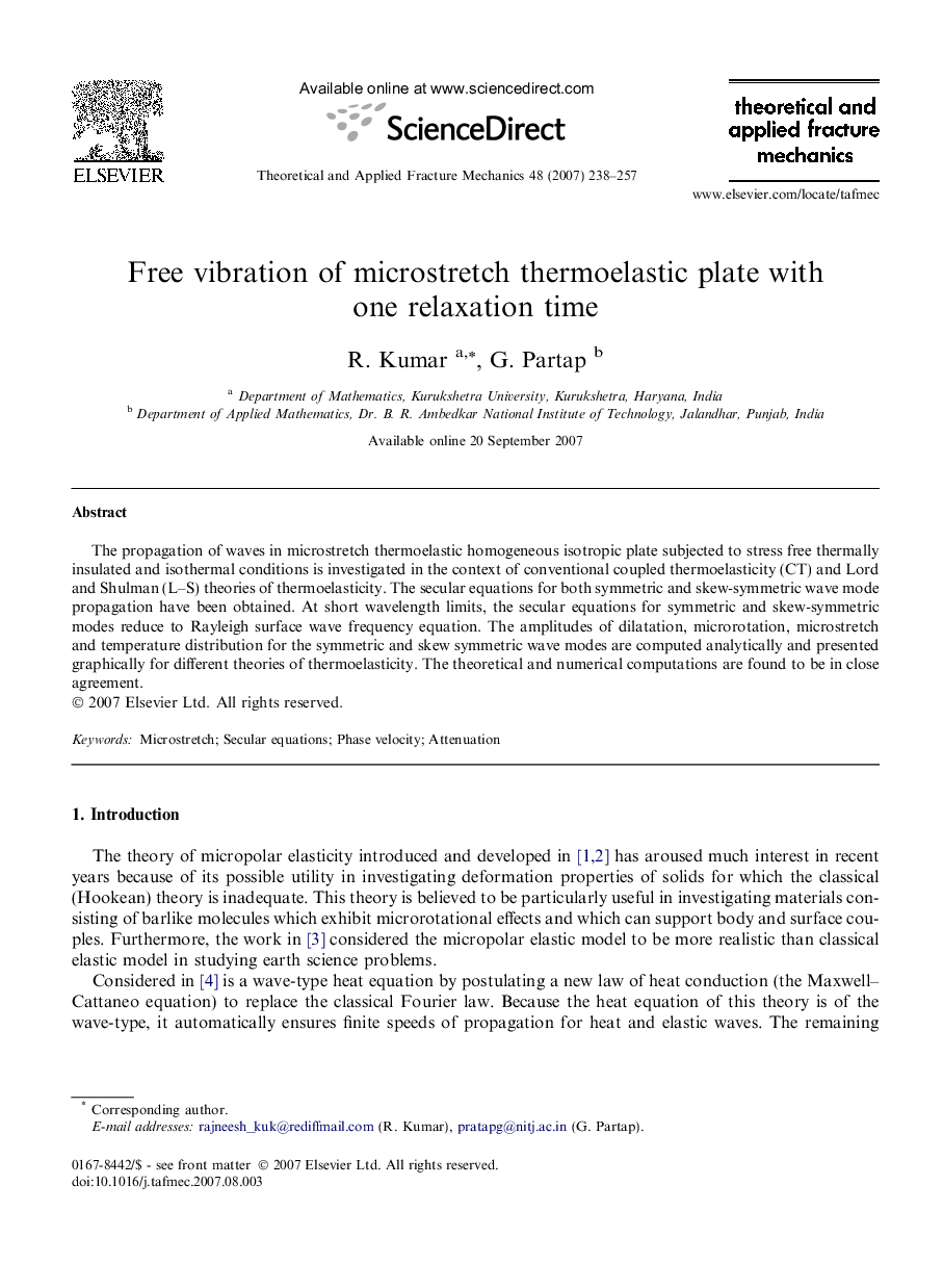 Free vibration of microstretch thermoelastic plate with one relaxation time