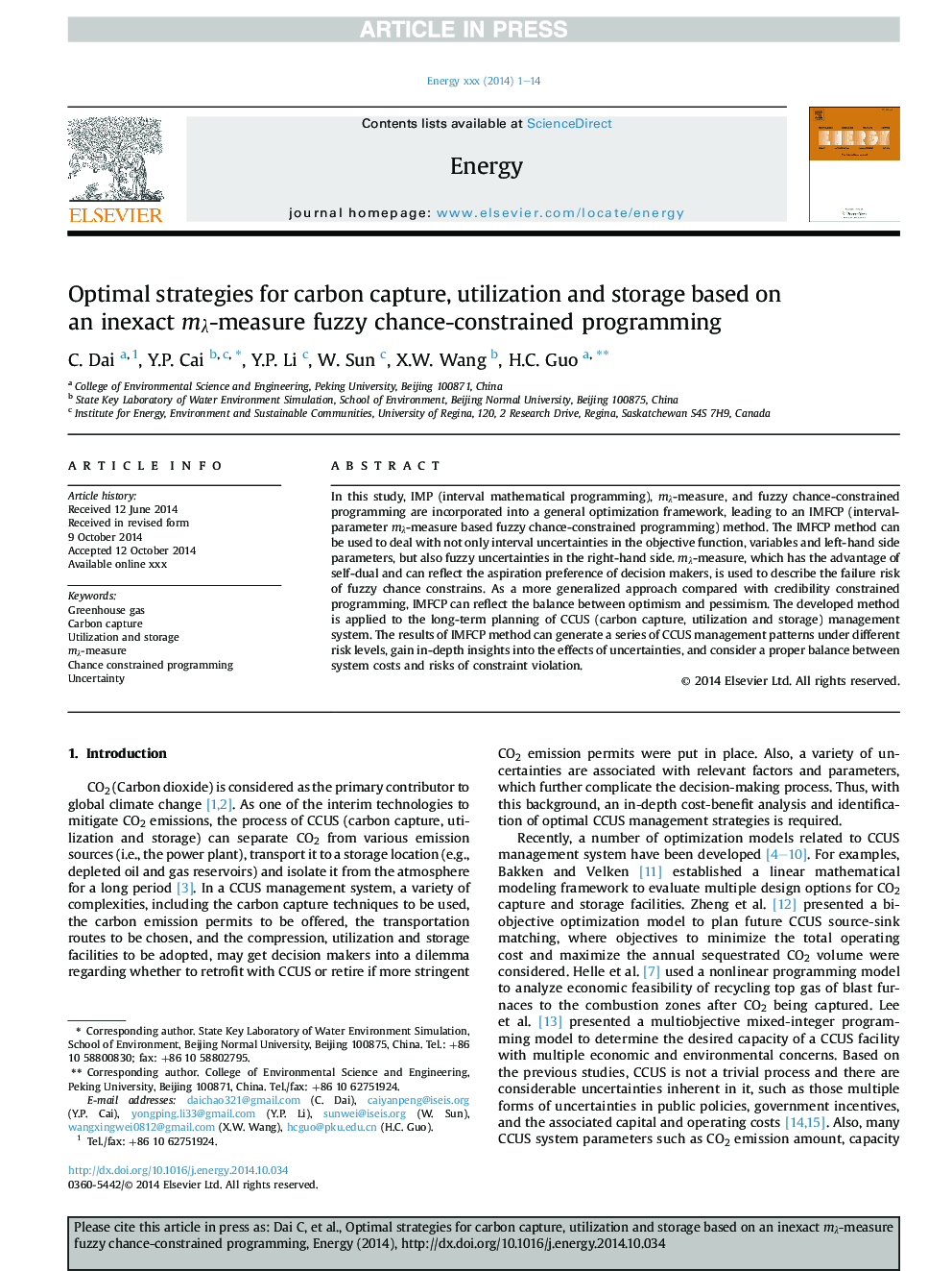 Optimal strategies for carbon capture, utilization and storage based on an inexact mÎ»-measure fuzzy chance-constrained programming