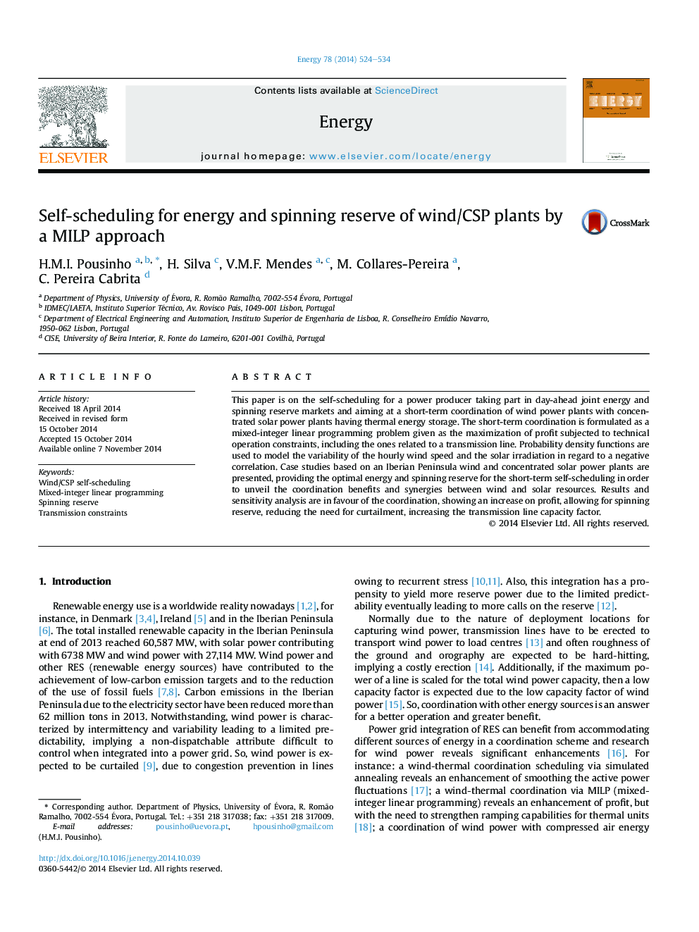 Self-scheduling for energy and spinning reserve of wind/CSP plants by a MILP approach