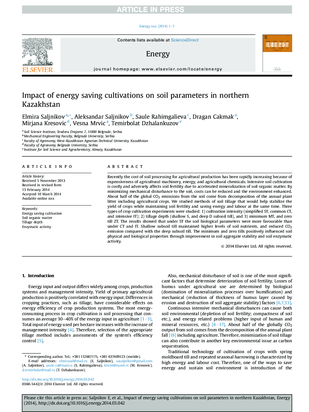 Impact of energy saving cultivations on soil parameters in northern Kazakhstan