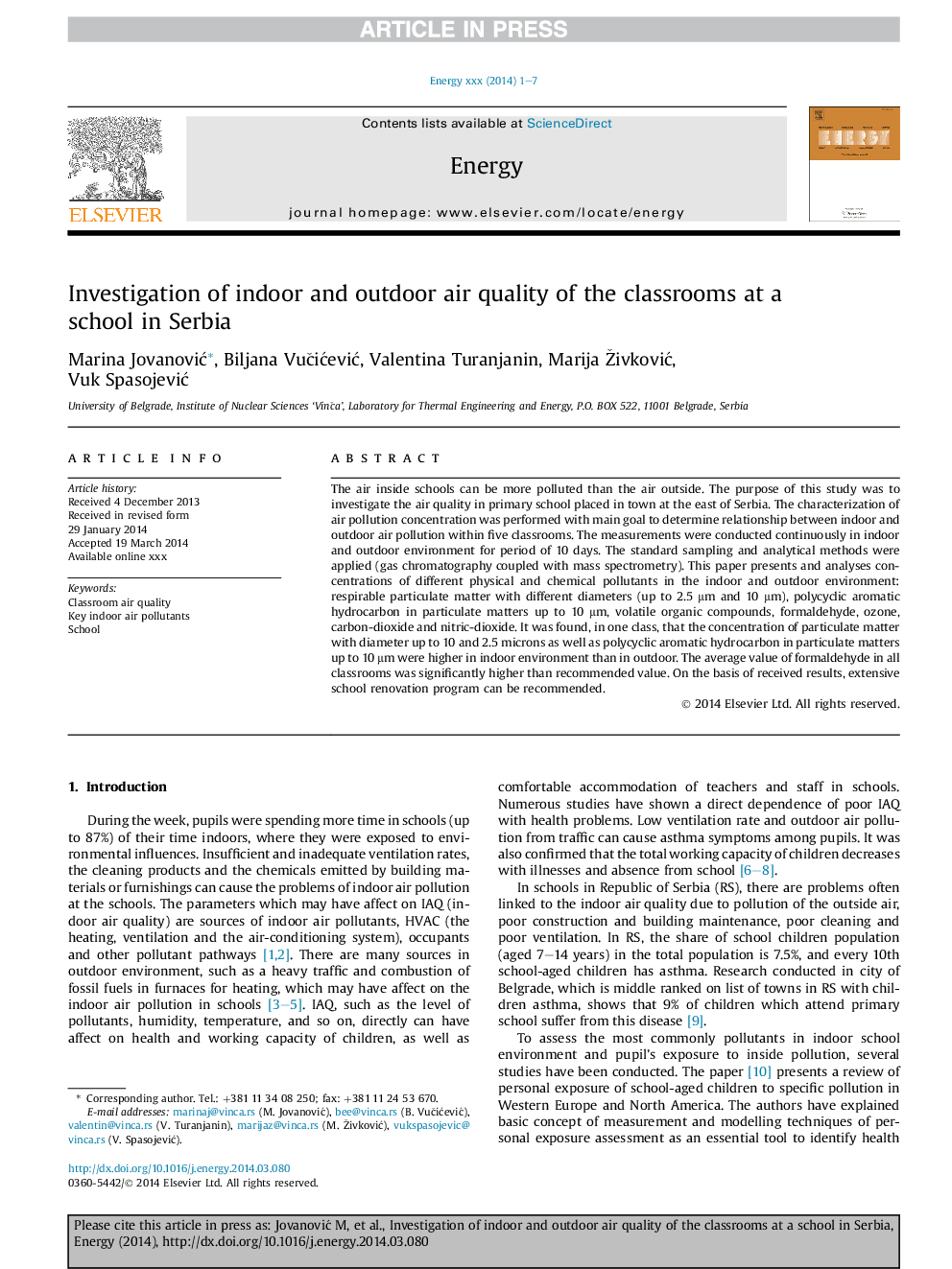 Investigation of indoor and outdoor air quality of the classrooms at a school in Serbia