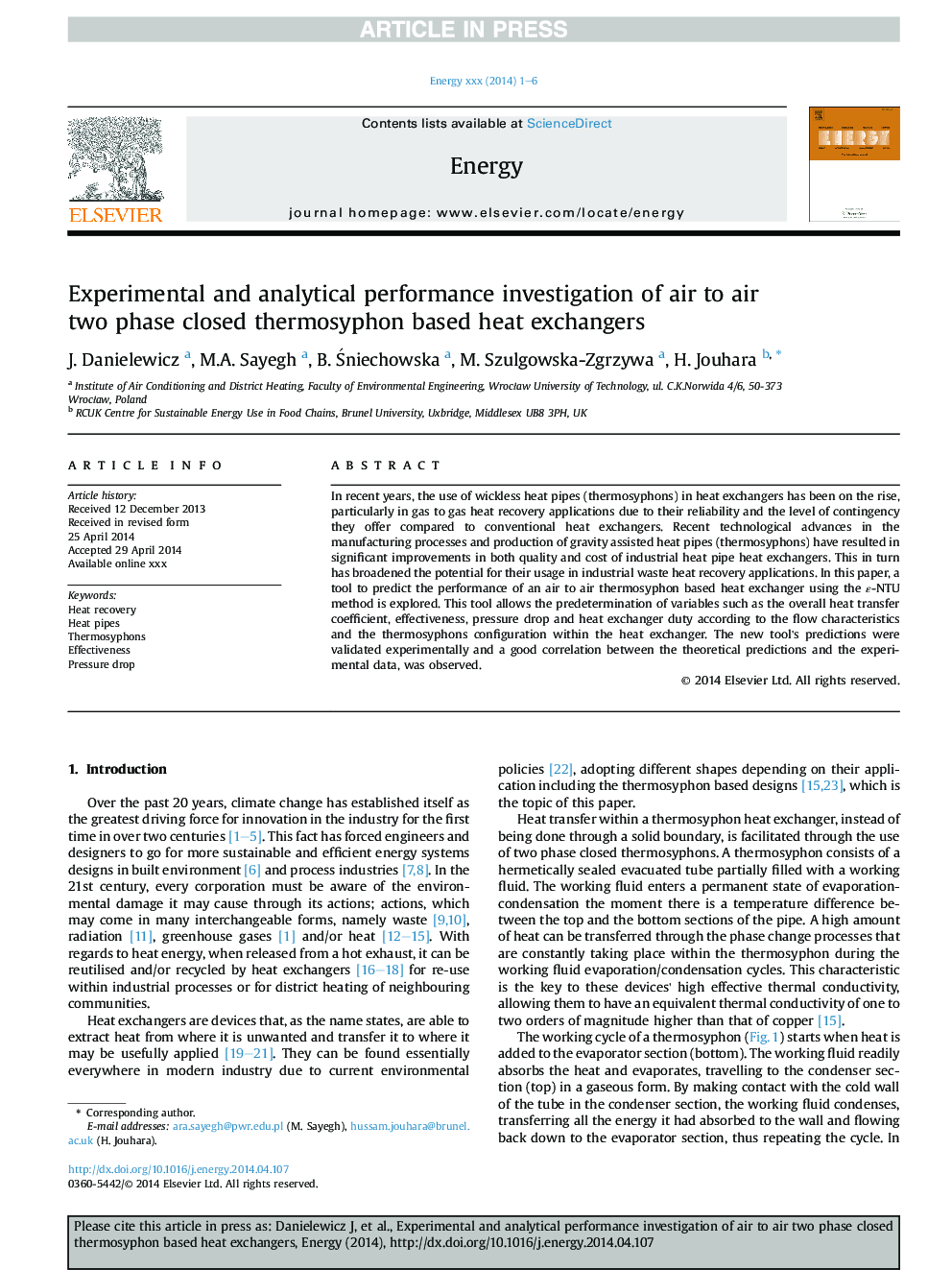 Experimental and analytical performance investigation of air to air two phase closed thermosyphon based heat exchangers