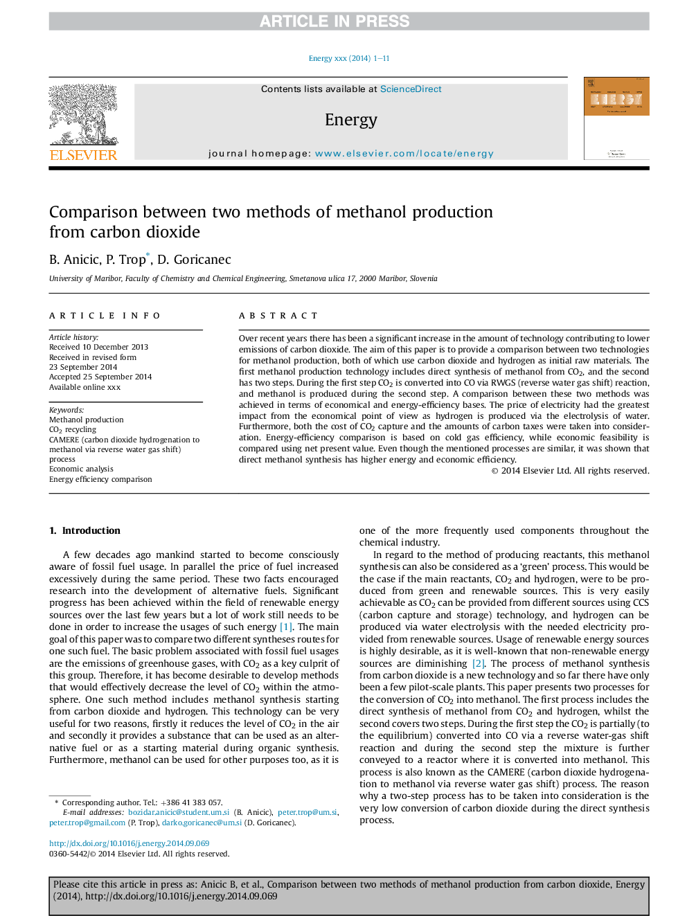 Comparison between two methods of methanol production fromÂ carbon dioxide