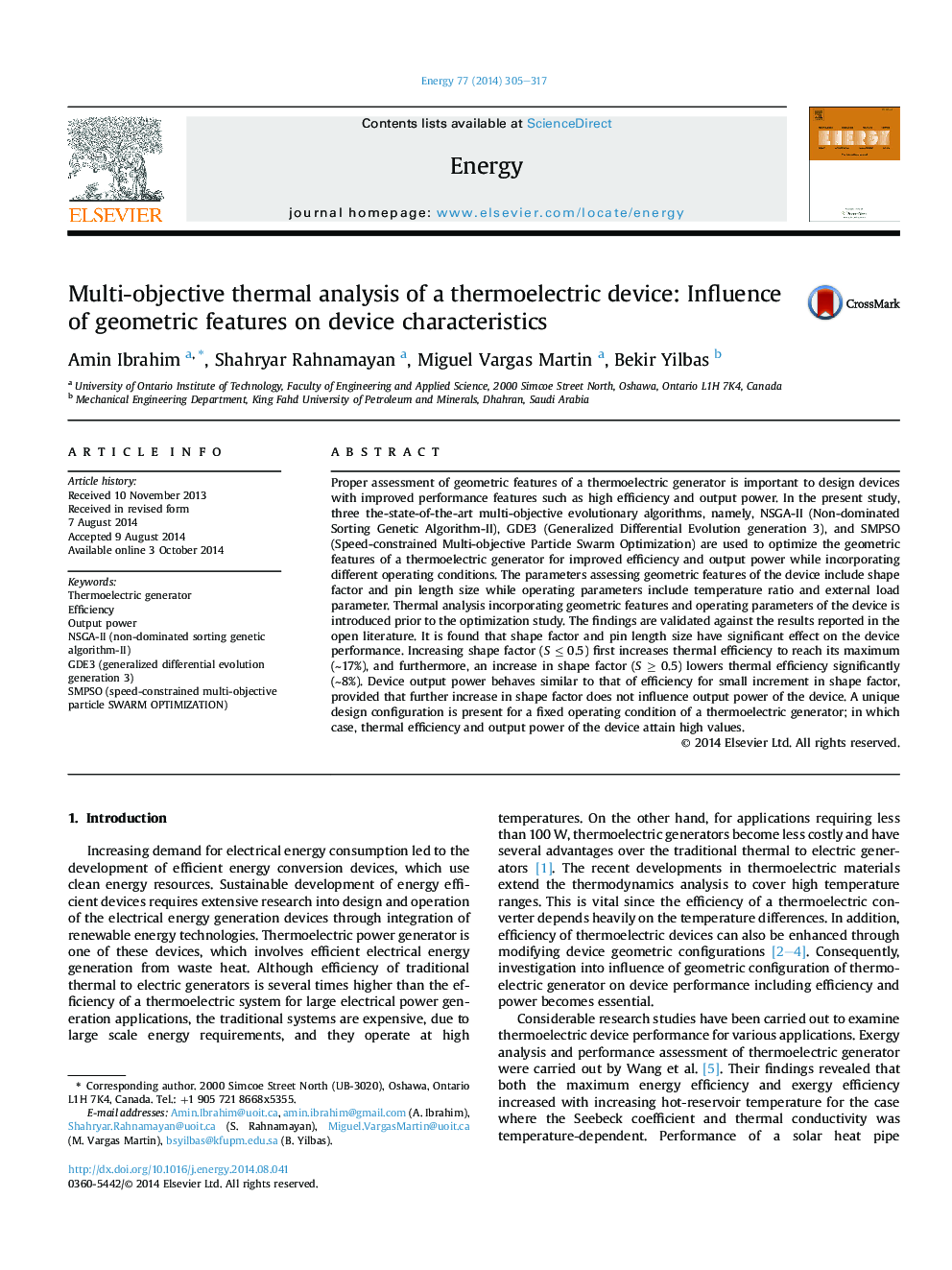 Multi-objective thermal analysis of a thermoelectric device: Influence of geometric features on device characteristics