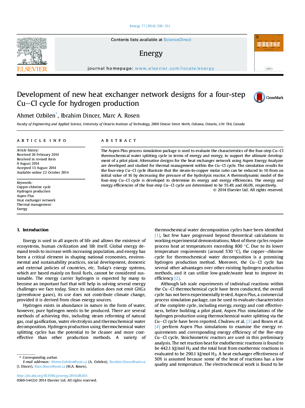 Development of new heat exchanger network designs for a four-step Cu-Cl cycle for hydrogen production