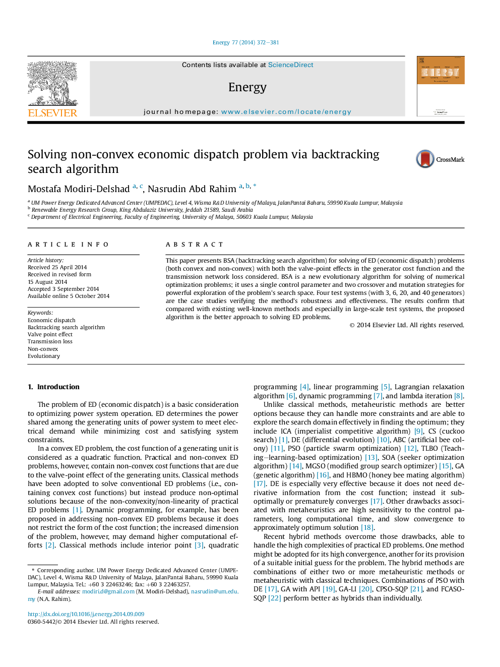 Solving non-convex economic dispatch problem via backtracking search algorithm