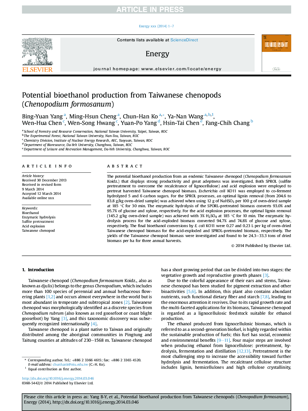 Potential bioethanol production from Taiwanese chenopods (Chenopodium formosanum)