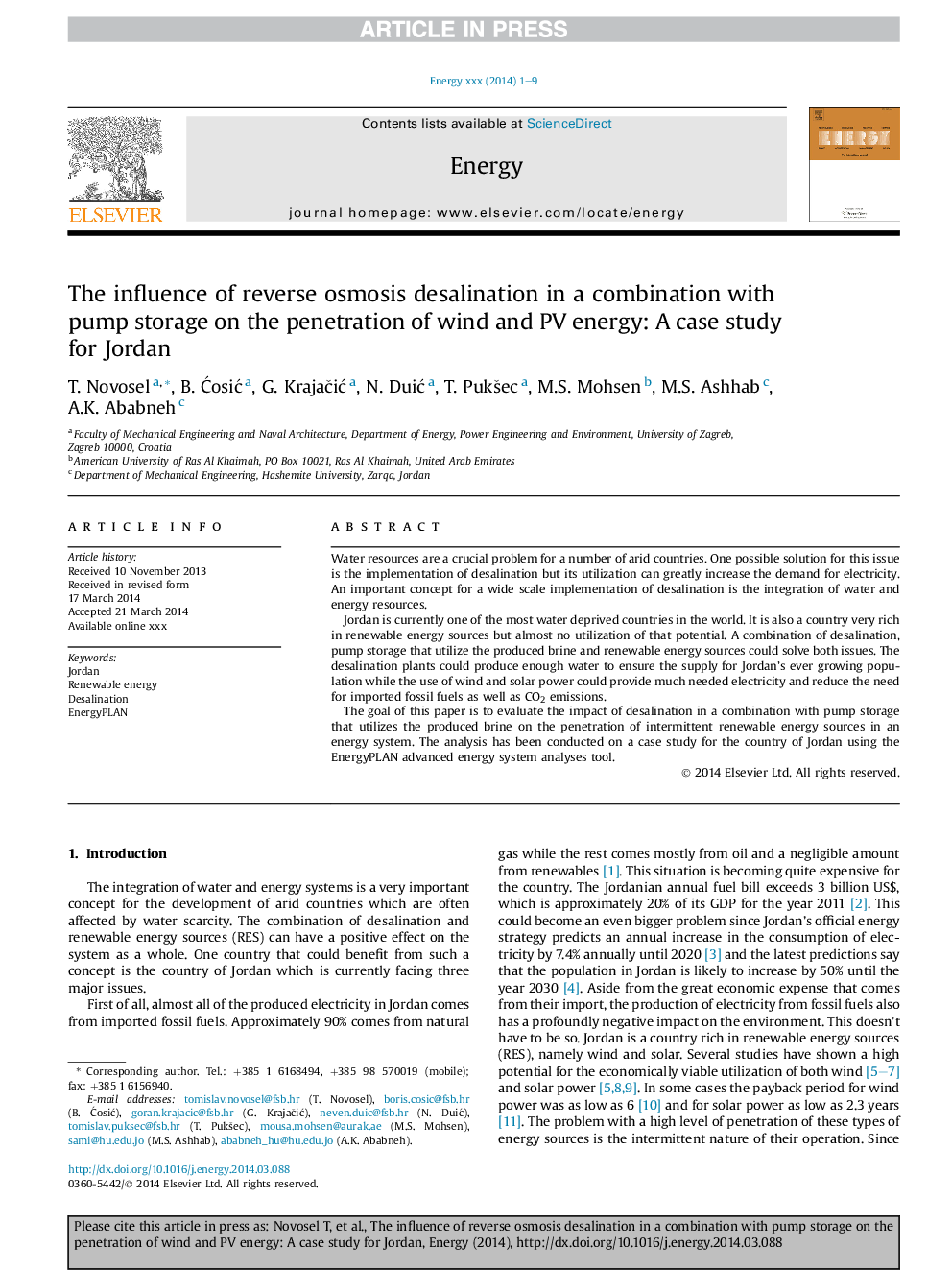 The influence of reverse osmosis desalination in a combination with pump storage on the penetration of wind and PV energy: A case study for Jordan