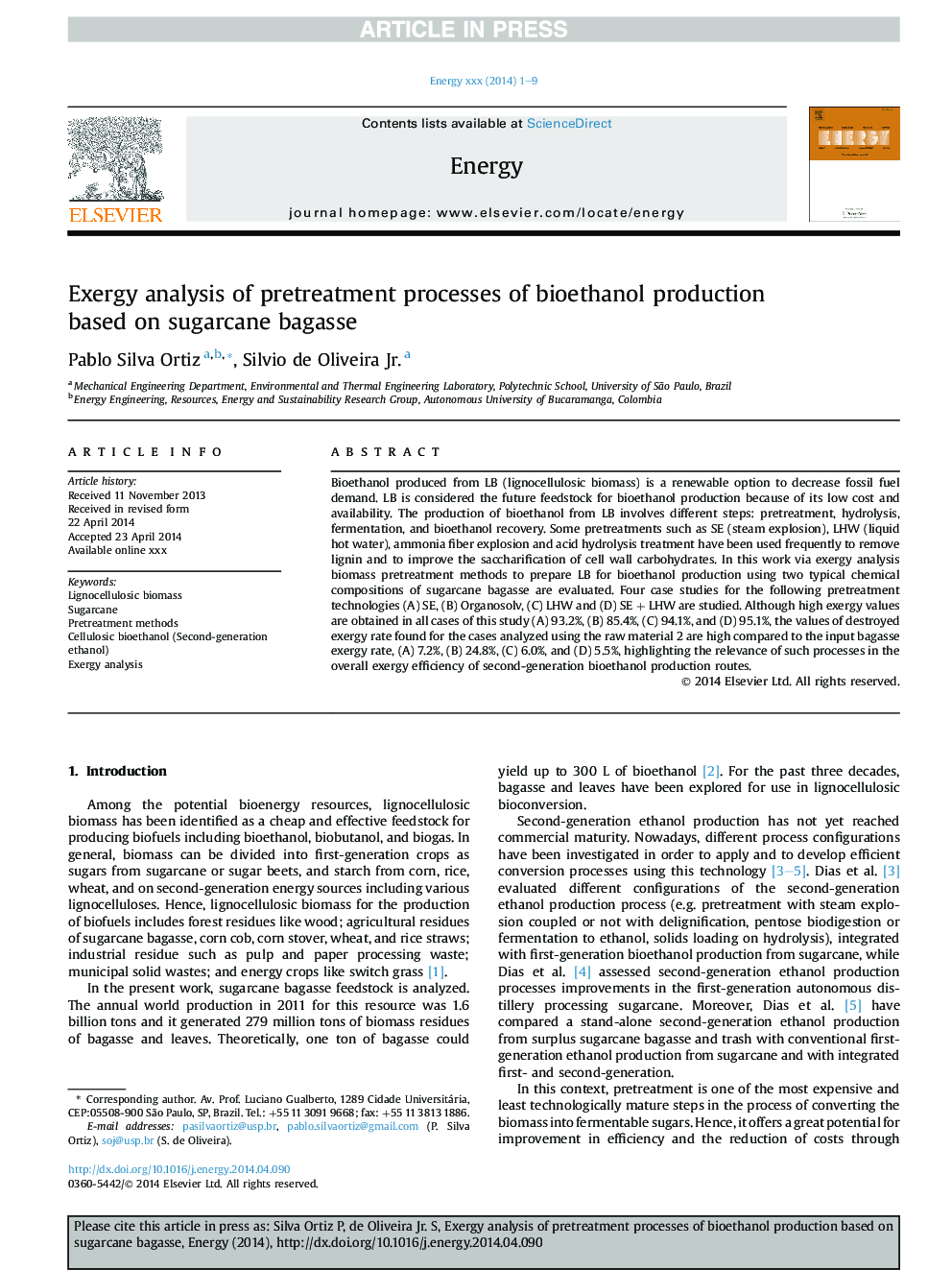 Exergy analysis of pretreatment processes of bioethanol production based on sugarcane bagasse