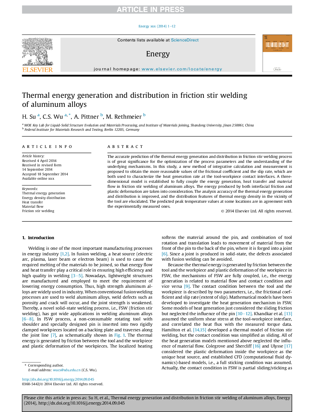 Thermal energy generation and distribution in friction stir welding of aluminum alloys
