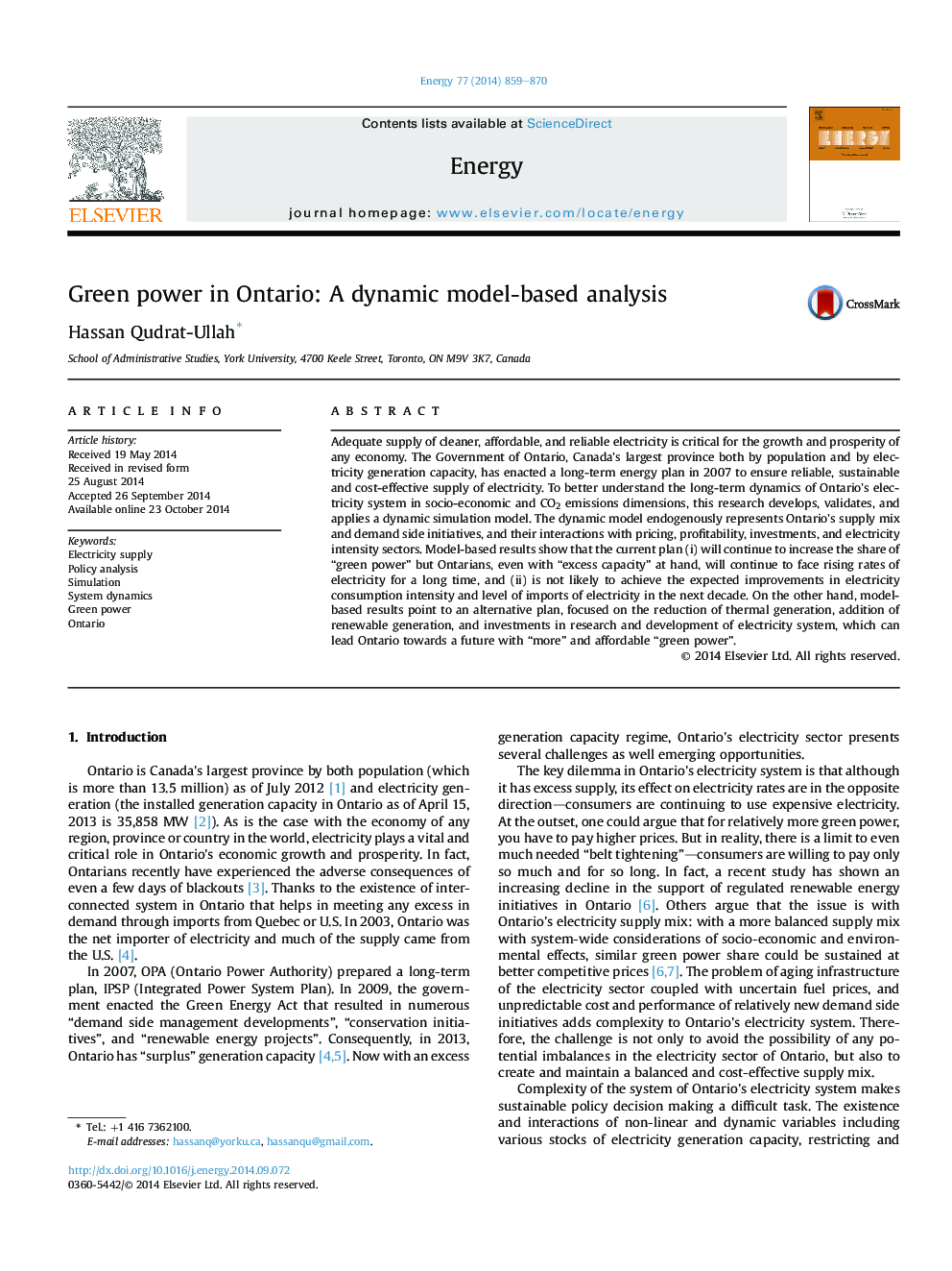 Green power in Ontario: A dynamic model-based analysis