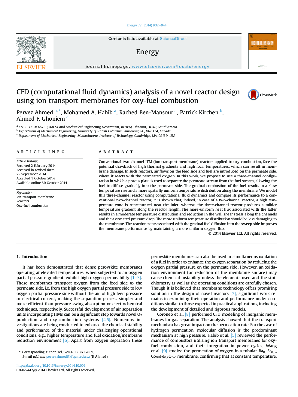 CFD (computational fluid dynamics) analysis of a novel reactor design using ion transport membranes for oxy-fuel combustion