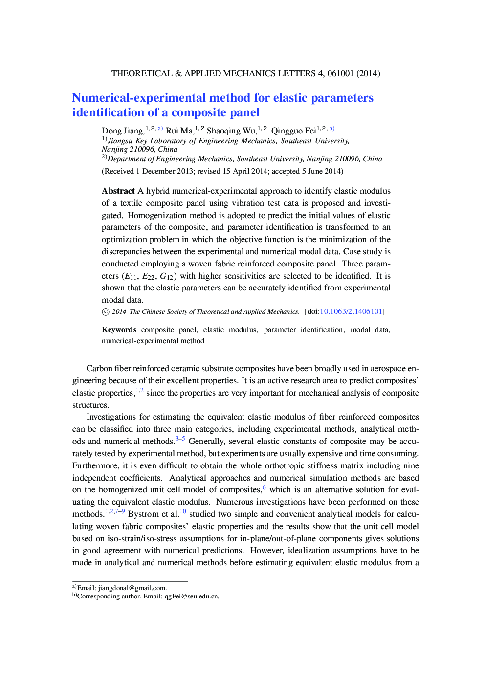 Numerical-experimental method for elastic parameters identification of a composite panel