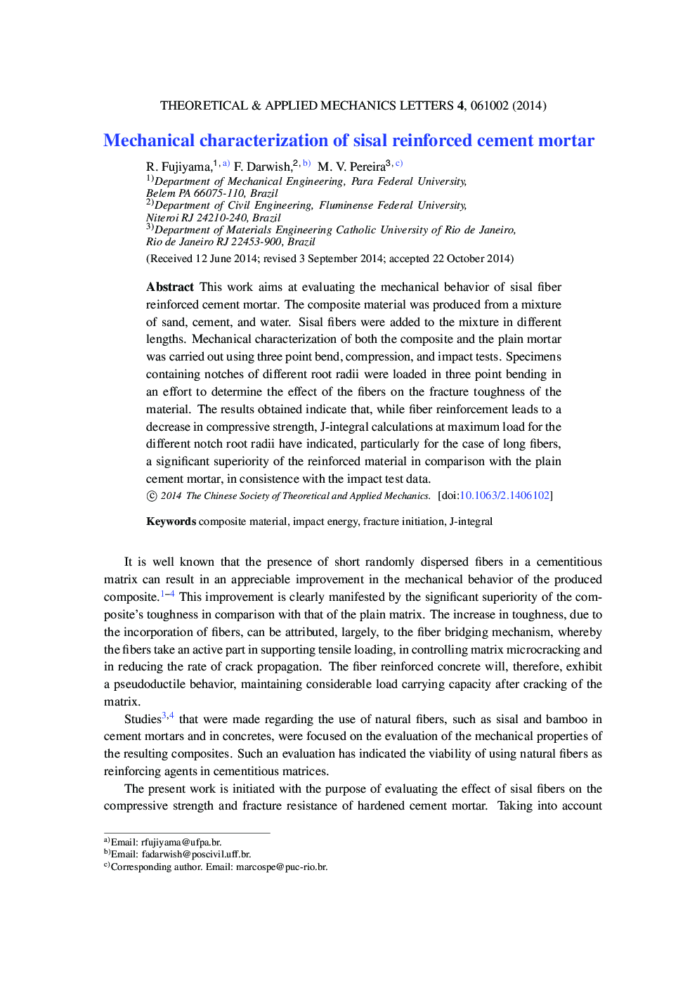 Mechanical characterization of sisal reinforced cement mortar