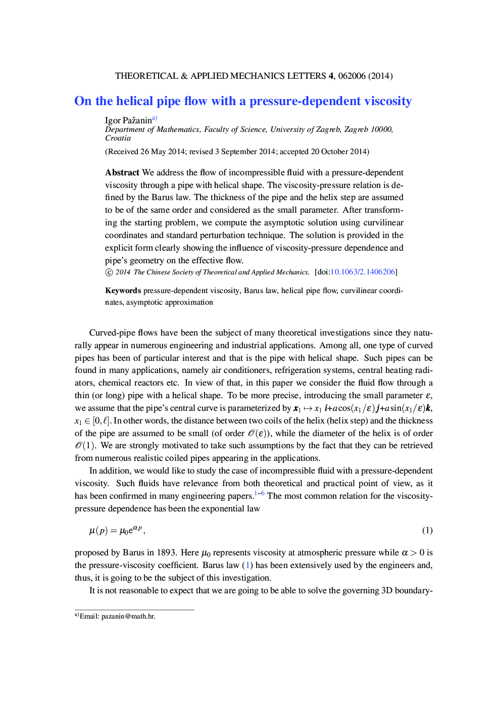 On the helical pipe flow with a pressure-dependent viscosity